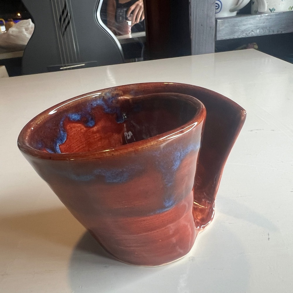 Studio Pottery Ceramic Yarn Bowl Spiral Cutout Red Blue Glaze Signed LF Artisan